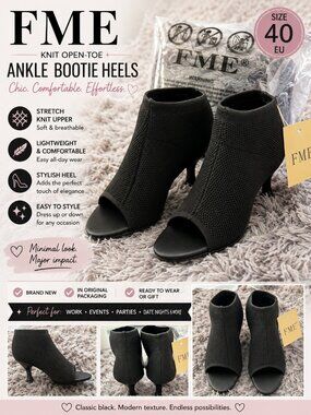 FME Black Knit Open Toe Ankle Bootie Heels Size 40 New
